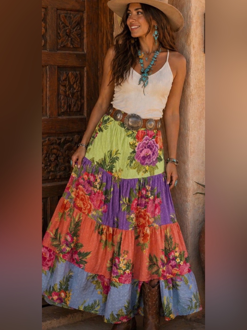 Farm Rio- Floral Multicolored Tiered Maxi Skirt